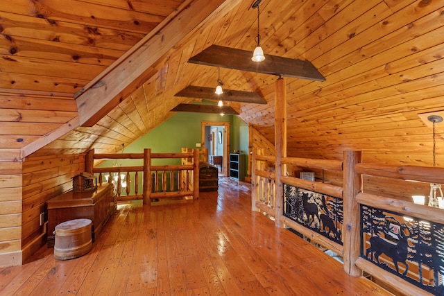 1836 Red Lick Rd, Berea, KY 40403 - hallway with an upstairs landing, wood-type flooring, wood ceiling, and wooden walls