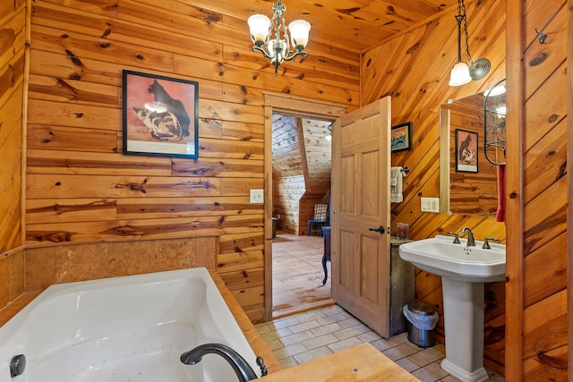 1836 Red Lick Rd, Berea, KY 40403 - bathroom featuring a garden tub, wood walls, a chandelier, and tile patterned flooring