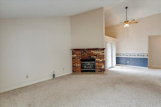 396 Squires Cir, Lexington, KY 40515 - unfurnished living room with carpet flooring, a ceiling fan, a brick fireplace, and high vaulted ceiling