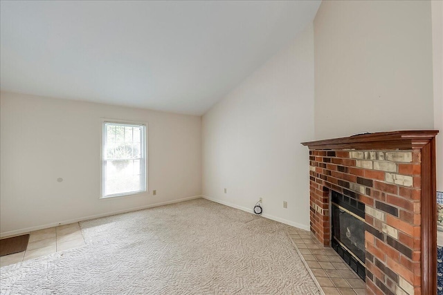 396 Squires Cir, Lexington, KY 40515 - unfurnished living room with a fireplace, light colored carpet, and lofted ceiling