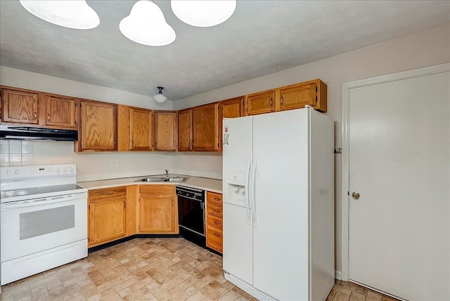 396 Squires Cir, Lexington, KY 40515 - kitchen with white appliances, under cabinet range hood, light countertops, and brown cabinets