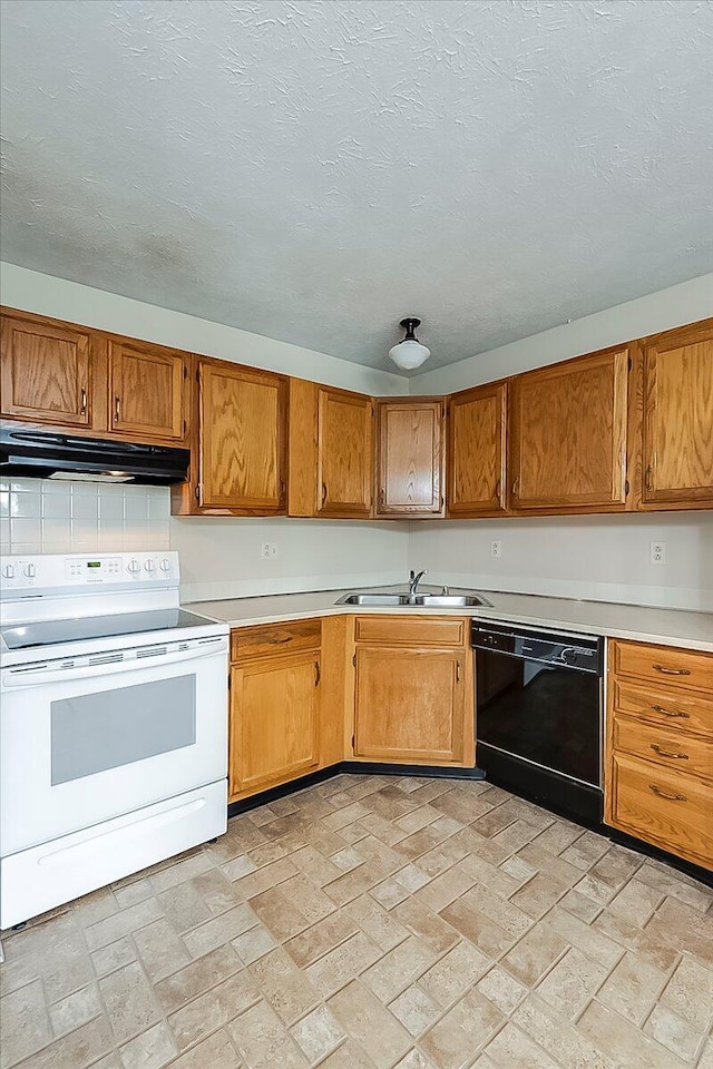 396 Squires Cir, Lexington, KY 40515 - kitchen with dishwasher, white electric stove, under cabinet range hood, light countertops, and brown cabinetry