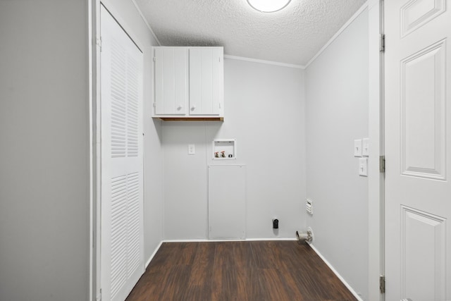 174 Sky Ln, Cynthiana, KY 41031 - washroom featuring cabinet space, dark wood finished floors, hookup for a washing machine, a textured ceiling, and crown molding