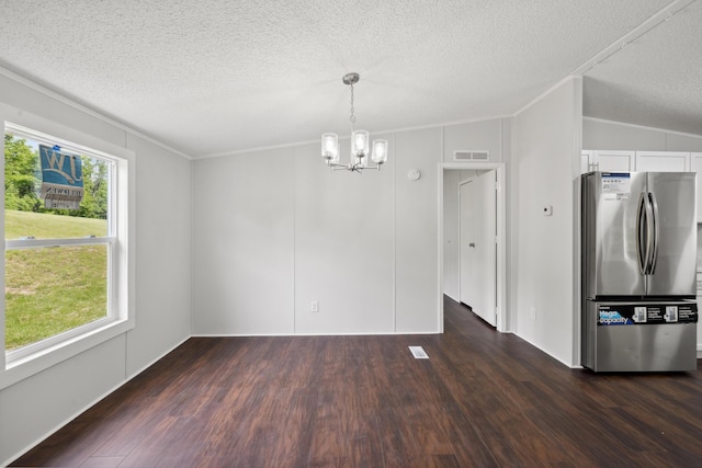 174 Sky Ln, Cynthiana, KY 41031 - unfurnished dining area featuring a chandelier, dark wood-type flooring, ornamental molding, a textured ceiling, and lofted ceiling