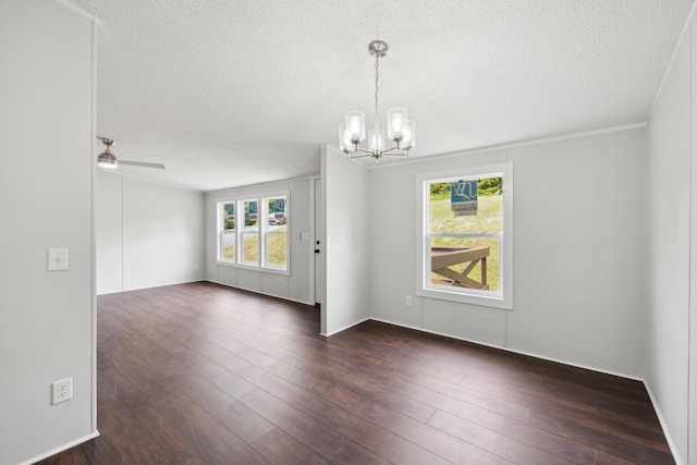 174 Sky Ln, Cynthiana, KY 41031 - spare room featuring a textured ceiling, a chandelier, ceiling fan, and dark wood finished floors