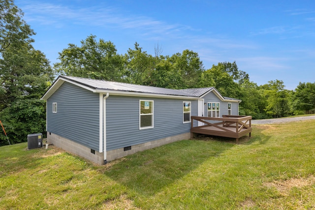 174 Sky Ln, Cynthiana, KY 41031 - rear view of property with a wooden deck, a yard, a metal roof, and crawl space