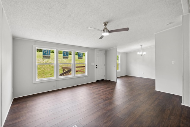 174 Sky Ln, Cynthiana, KY 41031 - unfurnished living room featuring ceiling fan, a chandelier, wood finished floors, a textured ceiling, and crown molding