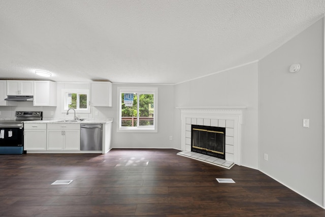 174 Sky Ln, Cynthiana, KY 41031 - kitchen featuring appliances with stainless steel finishes, under cabinet range hood, a textured ceiling, light countertops, and lofted ceiling