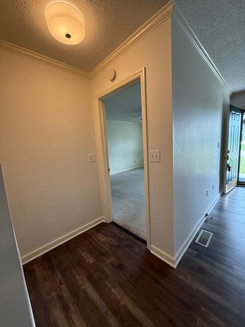 529 S 2nd St, Williamsburg, KY 40769 - hall featuring a textured ceiling, ornamental molding, and dark wood-type flooring