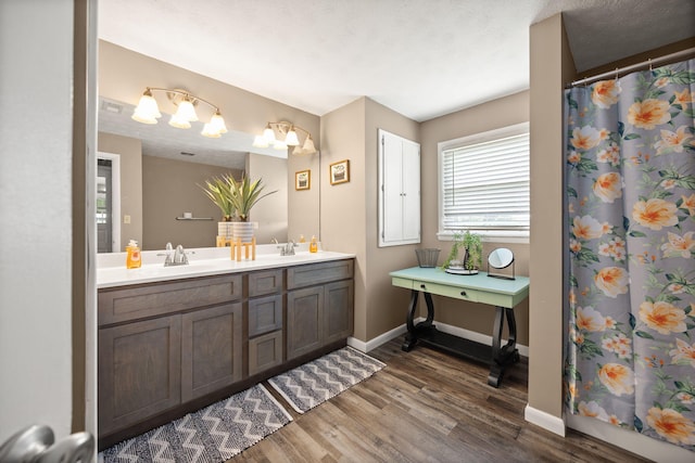 9209 W Hwy 80, Nancy, KY 42544 - bathroom with wood finished floors, double vanity, a shower with shower curtain, and a chandelier