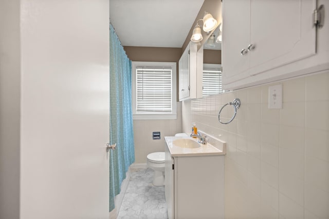 9209 W Hwy 80, Nancy, KY 42544 - bathroom with tile walls, vanity, tile patterned floors, and a shower with curtain
