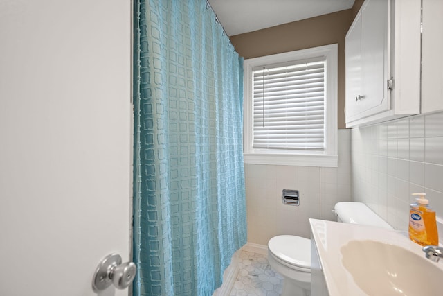 9209 W Hwy 80, Nancy, KY 42544 - full bath with tile patterned floors, tile walls, and a shower with shower curtain