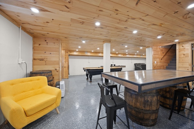 9209 W Hwy 80, Nancy, KY 42544 - dining space featuring wooden ceiling, billiards, stairs, recessed lighting, and wood walls