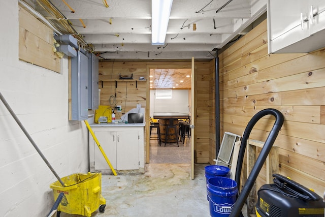 9209 W Hwy 80, Nancy, KY 42544 - unfinished below grade area featuring wood walls, electric panel, and a workshop area