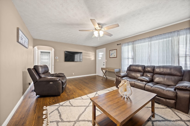 9209 W Hwy 80, Nancy, KY 42544 - living room with ceiling fan, a textured ceiling, wood finished floors, arched walkways, and healthy amount of natural light