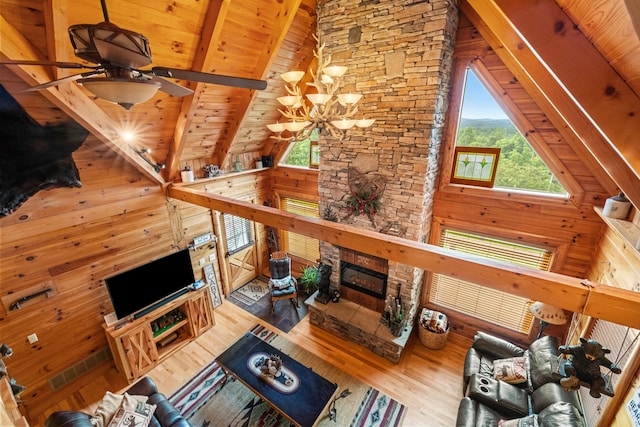 1564 High Ridge Rd, Middleburg, KY 42541 - living area featuring ceiling fan, wood walls, high vaulted ceiling, a wood ceiling with exposed beams, and wood finished floors