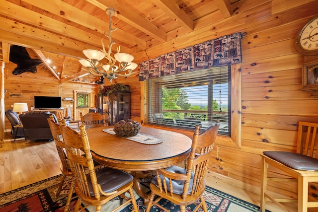 1564 High Ridge Rd, Middleburg, KY 42541 - dining room featuring wood walls, light wood finished floors, a wood ceiling with exposed beams, and a chandelier