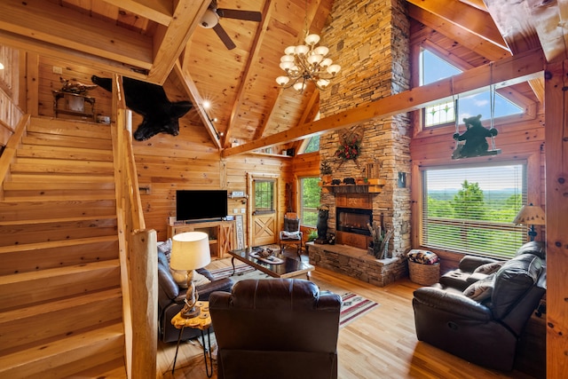 1564 High Ridge Rd, Middleburg, KY 42541 - living room with high vaulted ceiling, wood finished floors, stairway, a fireplace, and wood walls