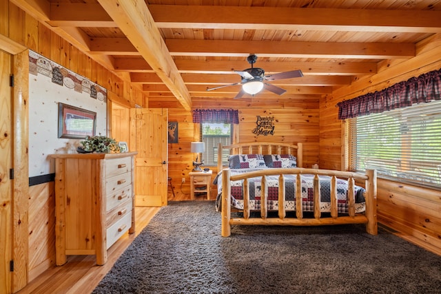 1564 High Ridge Rd, Middleburg, KY 42541 - bedroom featuring wooden walls, a wood ceiling with exposed beams, and light wood finished floors