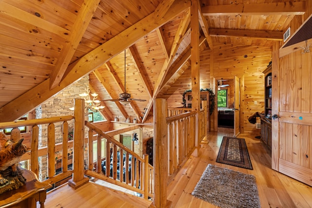 1564 High Ridge Rd, Middleburg, KY 42541 - corridor with an upstairs landing, a wood ceiling with exposed beams, light wood-style floors, wooden walls, and high vaulted ceiling