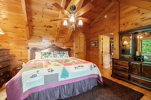 1564 High Ridge Rd, Middleburg, KY 42541 - bedroom with light wood-style floors, wood walls, a wooden ceiling with exposed beams, and high vaulted ceiling