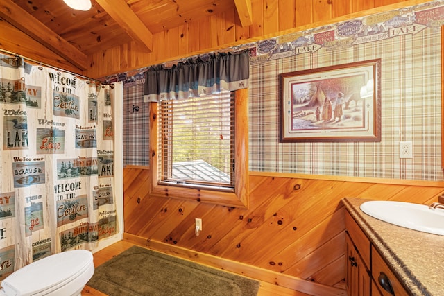 1564 High Ridge Rd, Middleburg, KY 42541 - full bathroom with wallpapered walls, vanity, wood ceiling, wooden walls, and wood finished floors