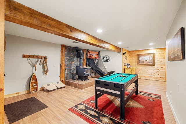 1564 High Ridge Rd, Middleburg, KY 42541 - game room with wooden walls, wood finished floors, a wood stove, and recessed lighting