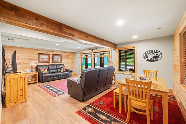 1564 High Ridge Rd, Middleburg, KY 42541 - living area with wood walls, light wood-style flooring, recessed lighting, and beam ceiling