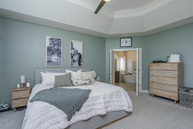 3536 Night Heron Way, Lexington, KY 40515 - carpeted bedroom with a raised ceiling, ornamental molding, ensuite bathroom, and ceiling fan