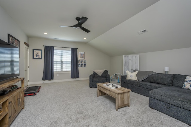 3536 Night Heron Way, Lexington, KY 40515 - carpeted living room featuring a ceiling fan, vaulted ceiling, and recessed lighting