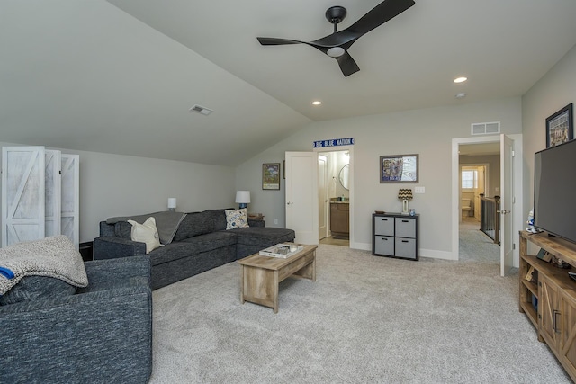 3536 Night Heron Way, Lexington, KY 40515 - living room with ceiling fan, lofted ceiling, light colored carpet, and recessed lighting