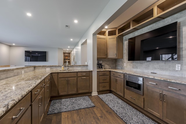 3536 Night Heron Way, Lexington, KY 40515 - kitchen featuring dark wood-type flooring, decorative backsplash, light stone countertops, and recessed lighting