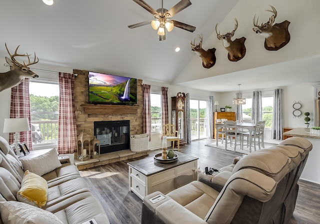 1011 Brown Store Rd, Lawrenceburg, KY 40342 - living room featuring ceiling fan, dark wood finished floors, recessed lighting, high vaulted ceiling, and a fireplace