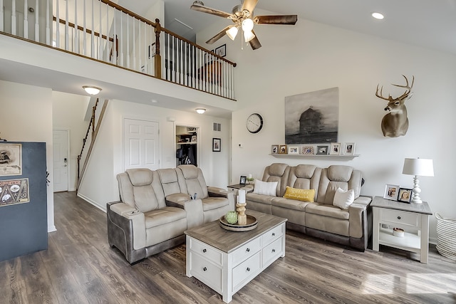 1011 Brown Store Rd, Lawrenceburg, KY 40342 - living room featuring high vaulted ceiling, a ceiling fan, dark wood-style flooring, and recessed lighting