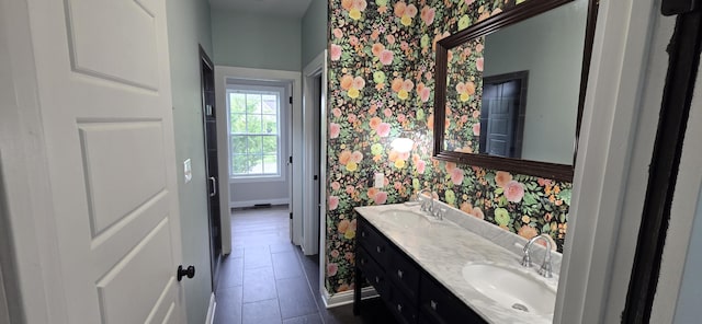 4020 Greentree Rd, Versailles, KY 40383 - bathroom with wallpapered walls, double vanity, and tile patterned flooring