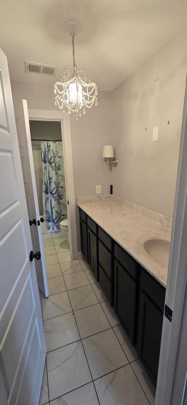 4020 Greentree Rd, Versailles, KY 40383 - bathroom with marble finish flooring, vanity, a chandelier, and a shower with shower curtain
