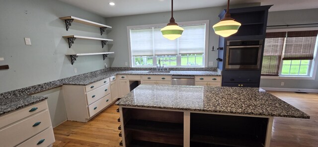 4020 Greentree Rd, Versailles, KY 40383 - kitchen featuring open shelves, appliances with stainless steel finishes, light wood finished floors, light stone counters, and recessed lighting
