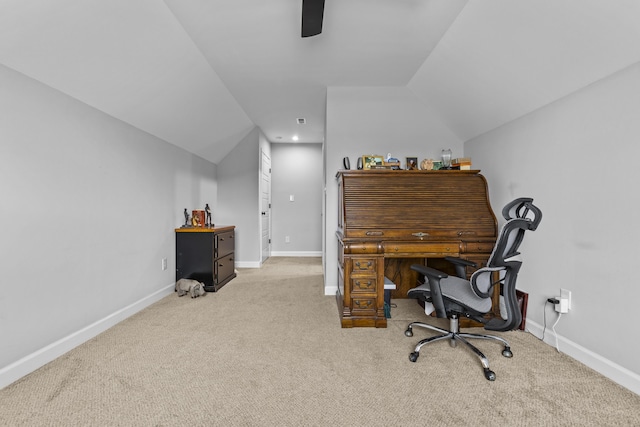 111 Kara Bryn Cv, Georgetown, KY 40324 - home office with carpet flooring, ceiling fan, and vaulted ceiling