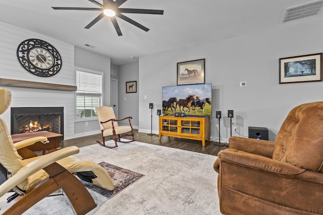 111 Kara Bryn Cv, Georgetown, KY 40324 - living area featuring a ceiling fan, a large fireplace, and wood finished floors
