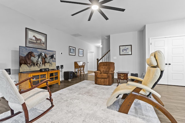 111 Kara Bryn Cv, Georgetown, KY 40324 - living room with ceiling fan, wood finished floors, and stairway