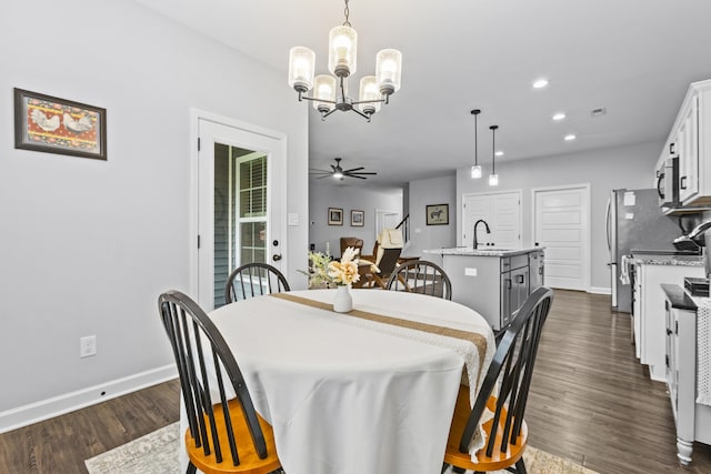 111 Kara Bryn Cv, Georgetown, KY 40324 - dining space featuring a chandelier, dark wood-style flooring, recessed lighting, and a ceiling fan