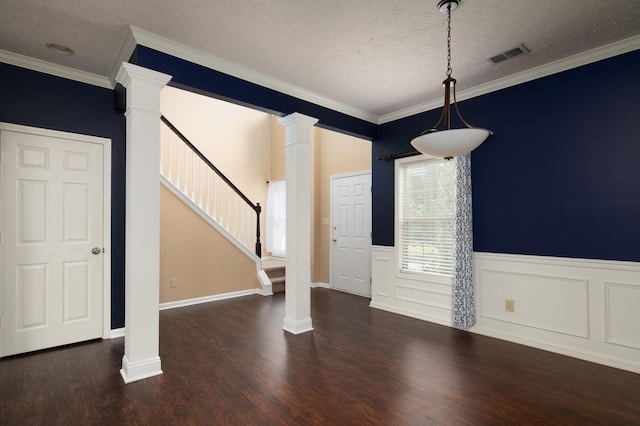 1204 Aldridge Way, Lexington, KY 40515 - entrance foyer with decorative columns, wood finished floors, a wainscoted wall, stairway, and ornamental molding