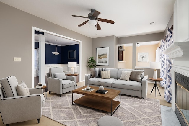 1204 Aldridge Way, Lexington, KY 40515 - living room featuring ceiling fan, a fireplace with flush hearth, and light colored carpet