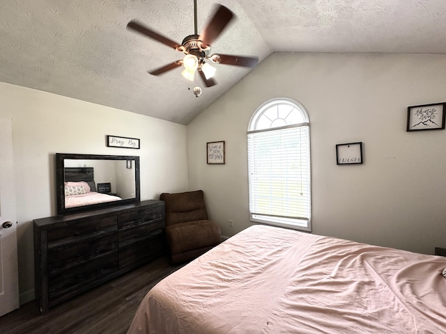 51 Stony Brook Dr, Corbin, KY 40701 - bedroom featuring dark wood finished floors, a textured ceiling, vaulted ceiling, and a ceiling fan