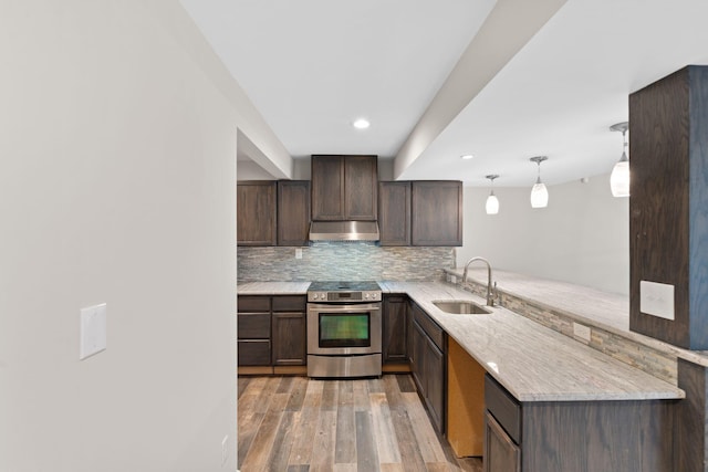 3605 Afton Pl, Lexington, KY 40515 - kitchen with stainless steel range with electric stovetop, under cabinet range hood, dark brown cabinets, light wood finished floors, and backsplash