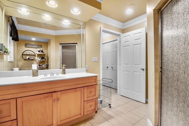 1211 Forest Circle Dr, Corbin, KY 40701 - full bath featuring crown molding, tile patterned flooring, vanity, and a shower with door