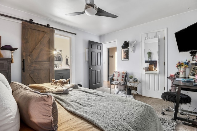 1211 Forest Circle Dr, Corbin, KY 40701 - bedroom featuring carpet flooring, a barn door, ensuite bath, and a ceiling fan