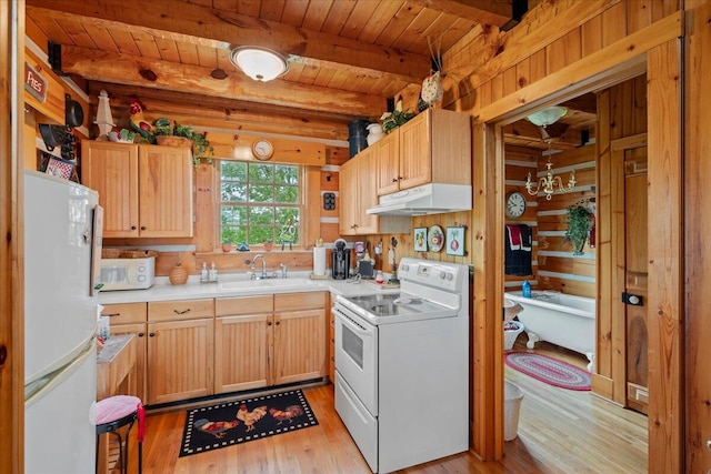 5045 Van Meter Rd, Winchester, KY 40391 - kitchen with white appliances, under cabinet range hood, light wood-style floors, light countertops, and a wood ceiling with exposed beams