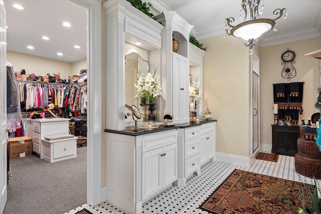 5045 Van Meter Rd, Winchester, KY 40391 - full bath featuring crown molding, vanity, recessed lighting, a stall shower, and a spacious closet