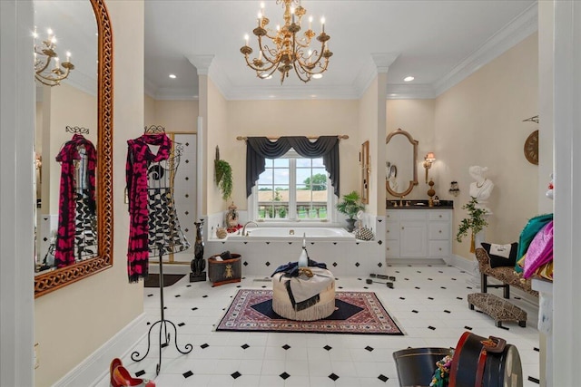 5045 Van Meter Rd, Winchester, KY 40391 - bathroom with a chandelier, a bath, crown molding, vanity, and tile patterned floors
